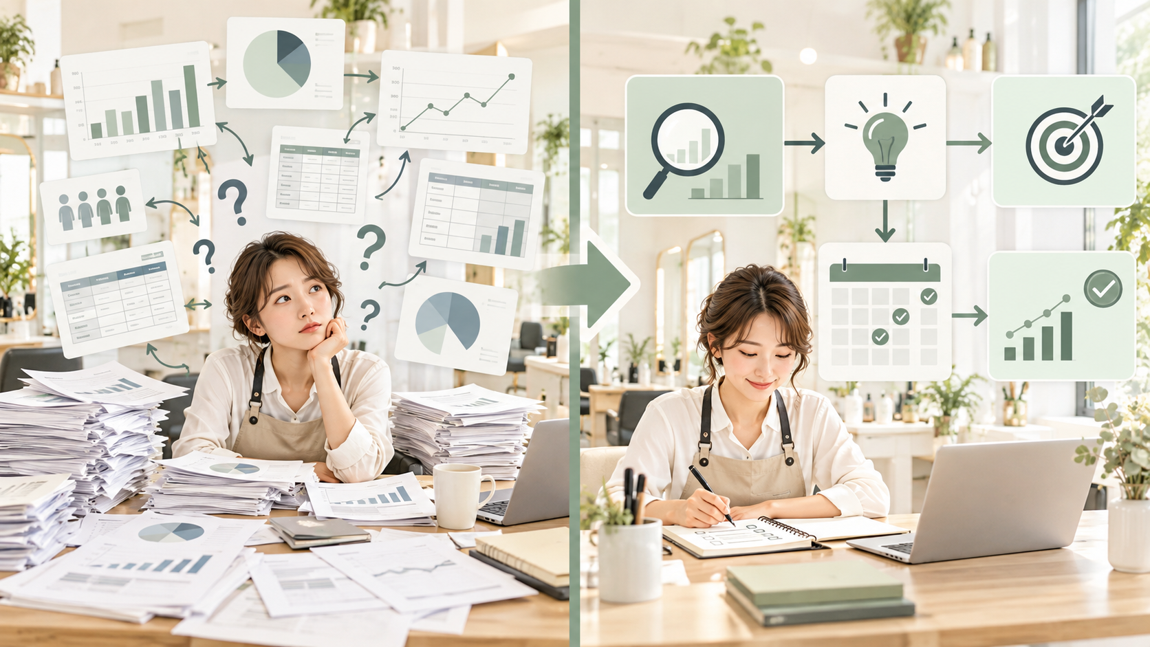 分析結果が報告だけで止まり改善施策につながらない状態を示すイメージ